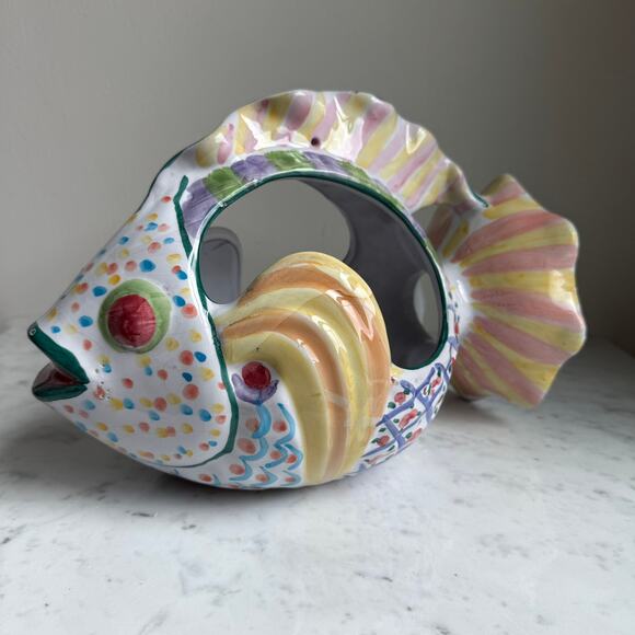 Whimsical Colorful Fish Planter Ceramic Pottery 12" Hand Painted - Picture 3 of 10